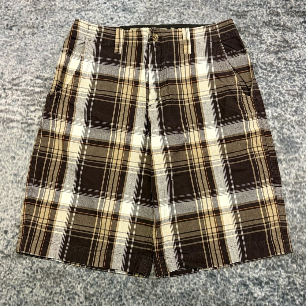 Arizona Jean Co Plaid Shorts Mens 32 Brown Baggy Flat Front Chino Grunge Y2K